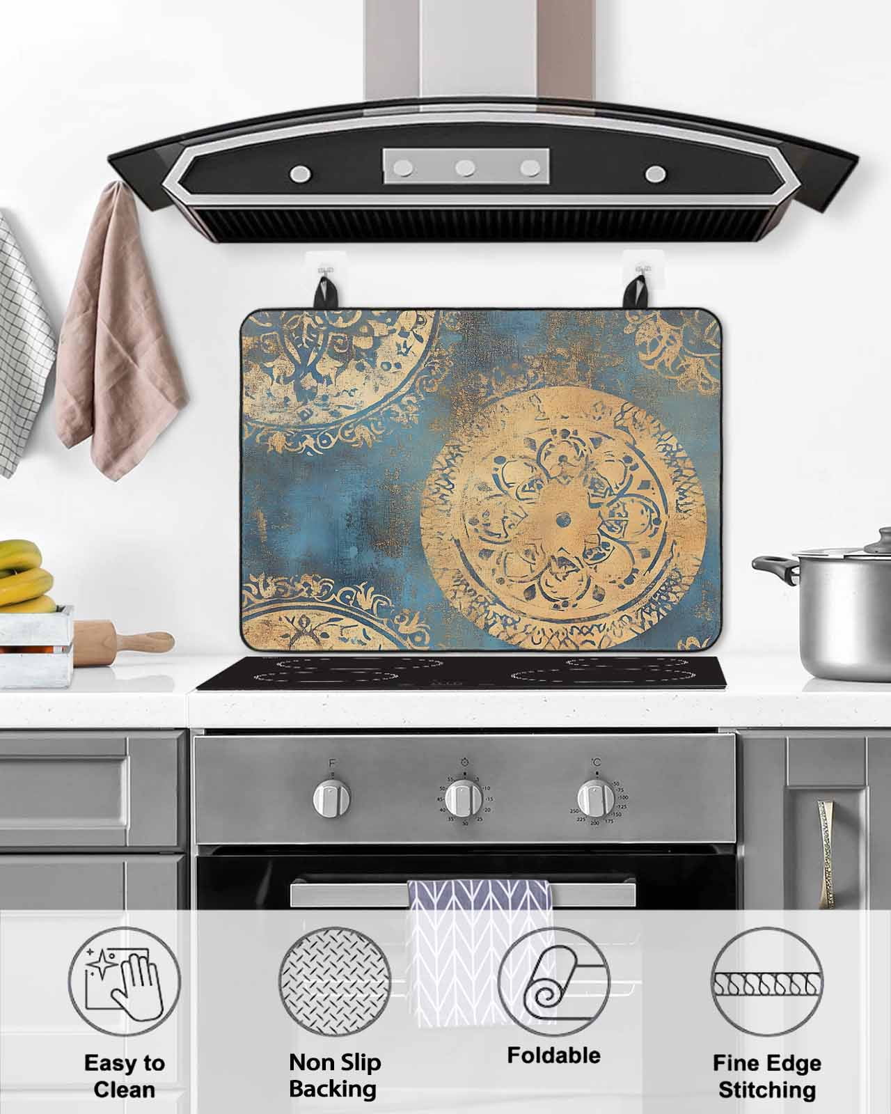 nqOlkjepod Large Induction Cooktop Protector Mat 36"x21", Yellow Blue Abstract Stove Top Covers for Electric Stove, Smear Artwork Decorative Stove Burner Cover Mats, Glass Top Stove Cover
