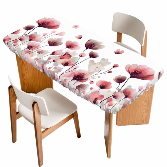 Watercolor Flowers Table Cloths for 4 Foot Rectangle Tables, Spring Pink Ink Floral Botanical Patio Waterproof Elastic Fitted Tablecloths, Washable Rectangular Table Cover for Camping