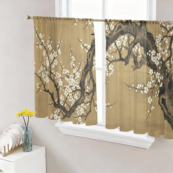 Plum Blossom Sheer Curtains 45 Inch Length 2 Panels Set, Vintage Zen Flower Tree Branch Brown Floral Voile Window Treatment Rod Pocket Small Kitchen Curtains Drapes for Bedroom 52"x45"x2