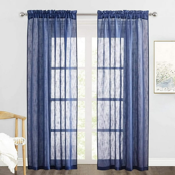 Sheer Curtains 84 Inches Long Linen Textured Semi Light Filtering Glare Airy Ds For Living Room Bedroom Office French Door Navy Blue W 52 X L 1 Pair Com Sheer Curtains 84 Inches Long Linen, Navy Blue Sheer Curtains 84 Inch