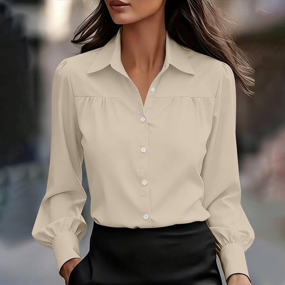 ClodeEU Women Classic Lapel Collar Long Sleeve Button Down Shirt,Casual Slim Fit Office Formal Blouse Beige,Women's Plus L