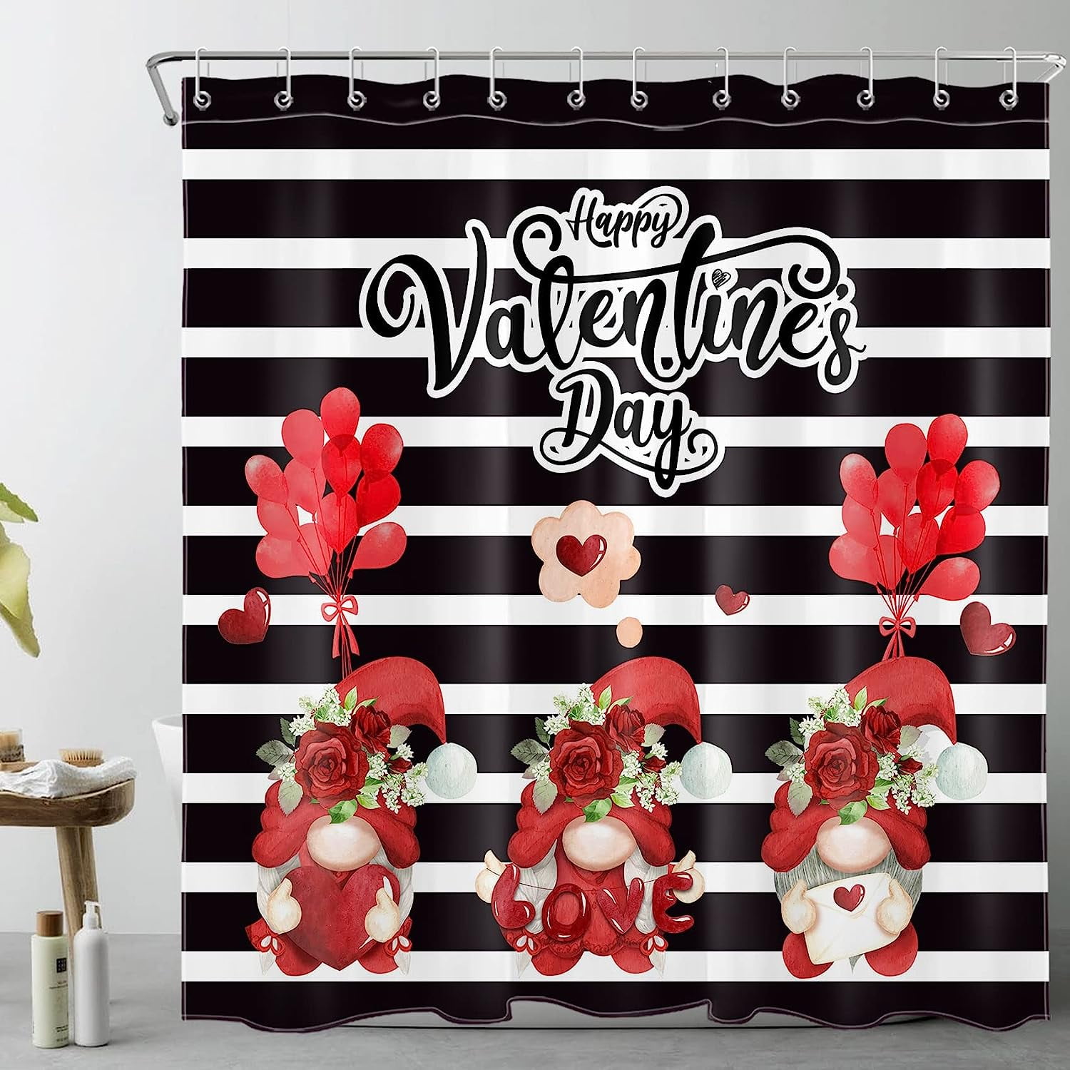 Sonernt Happy Valentines Day Shower Curtain Cute Gnome with Red Love Heart Shower Curtain Set