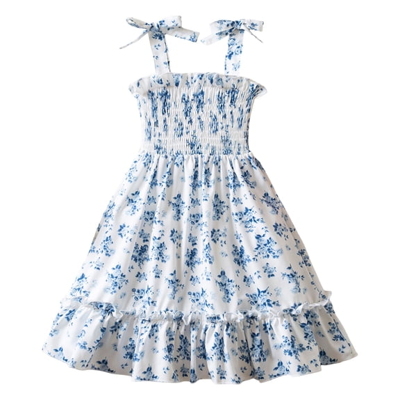 ASEIDFNSA Girls Floral Sundress with Tie Straps Smocked Bodice Tiered Hem and A Line Fit (Blue,5-6 Years)