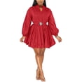 thumbnail image 2 of Womens Mini Dress Puff Sleeve Dresses  Button Down Sexy V Neck A Line Party Clubwear with Belt, 2 of 4