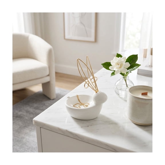 Bunny Trinket Tray for Room Decor Aesthetic - Jewelry Holder for Bedroom and Apartment Styling - Modern Ceramic Dish for Engagement Gift, Earrings, Candy, and Small Trinkets - 6", White & Gold