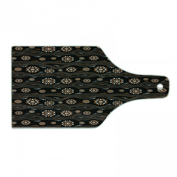 Aboriginal Cutting Board, Abstract Round Motifs with Dots and Waves on Dark Backdrop, Decorative Tempered Glass Cutting and Serving Board, in 3 Sizes, by Ambesonne