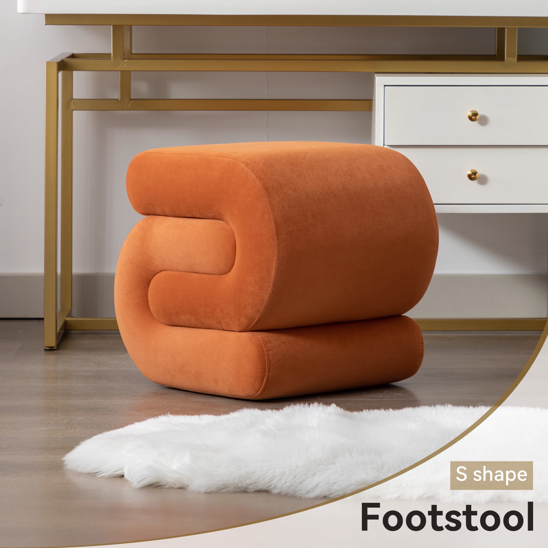 Noble House Rache 19" S-Shape Velvet Accent Ottoman, Plush Makeup Footrest Table Stool with Foam, Orange