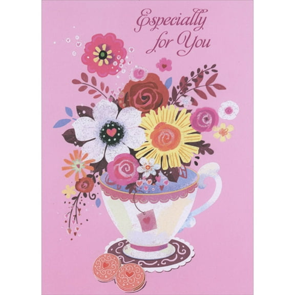 Designer Greetings White and Pink Trim Teacup Full of Flowers on Pink Sweetest Day Card
