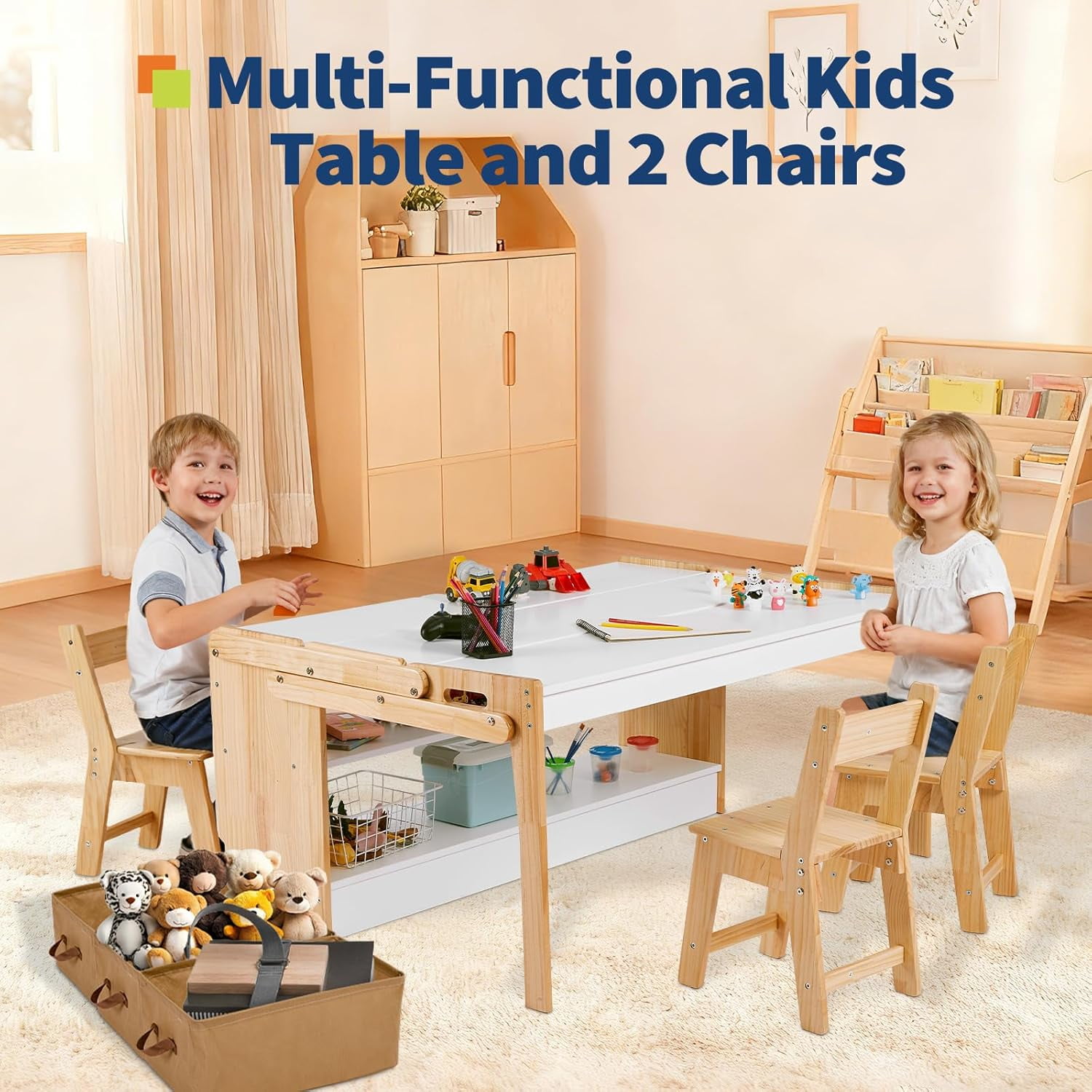 Garvee Kids Art Table with 2 Chairs Set, 47.2IN Convertible Toddler Activity Table to Storage Shelves, Craft Play Desk for Kids with 3 Storage Box, Toddler Table and Chair Set for Playrooms