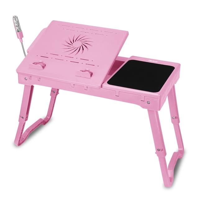 GPCT Foldable Laptop Table Bed Notebook Desk w/Cooling Fan Mouse Board LED light 4 x USB Ports Breakfast Snacking Tray with Storage Groove For Home Office Use