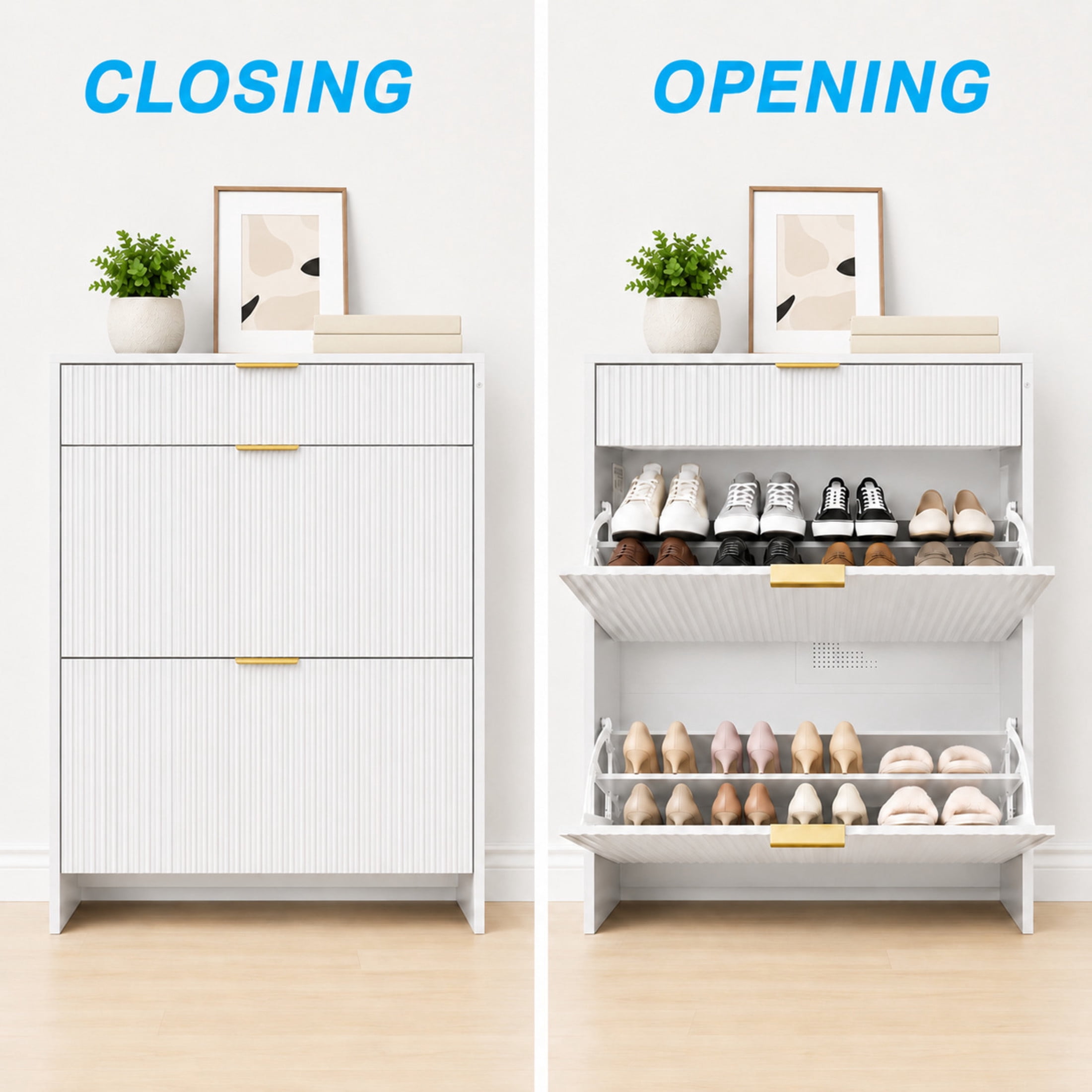 GDF Studio Solus Narrow Fluted Shoe Storage Cabinet with Gold Pull Handles, Modern Slim Hallway Organizer, White