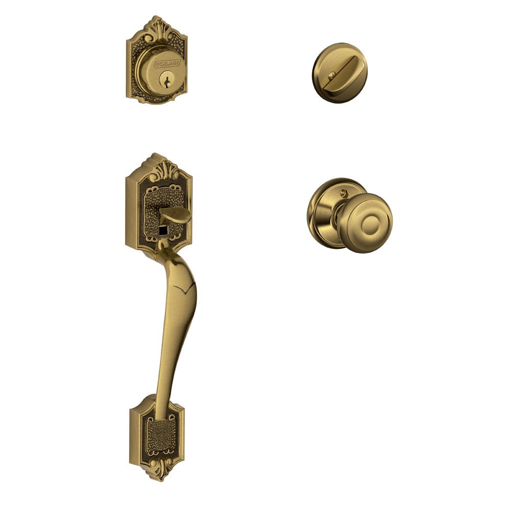 Schlage Lock Company F60 V PAR 609 GEO Parthenon Single Cylinder Handleset and Georgian Knob Antique Brass
