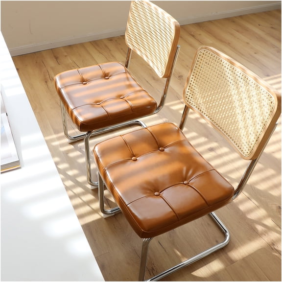 JERFIT Modern Dining Chairs Set of 2, Brown Faux Leather and Woven Rattan Side Chairs with Chrome Metal Legs for Kitchen Living Room