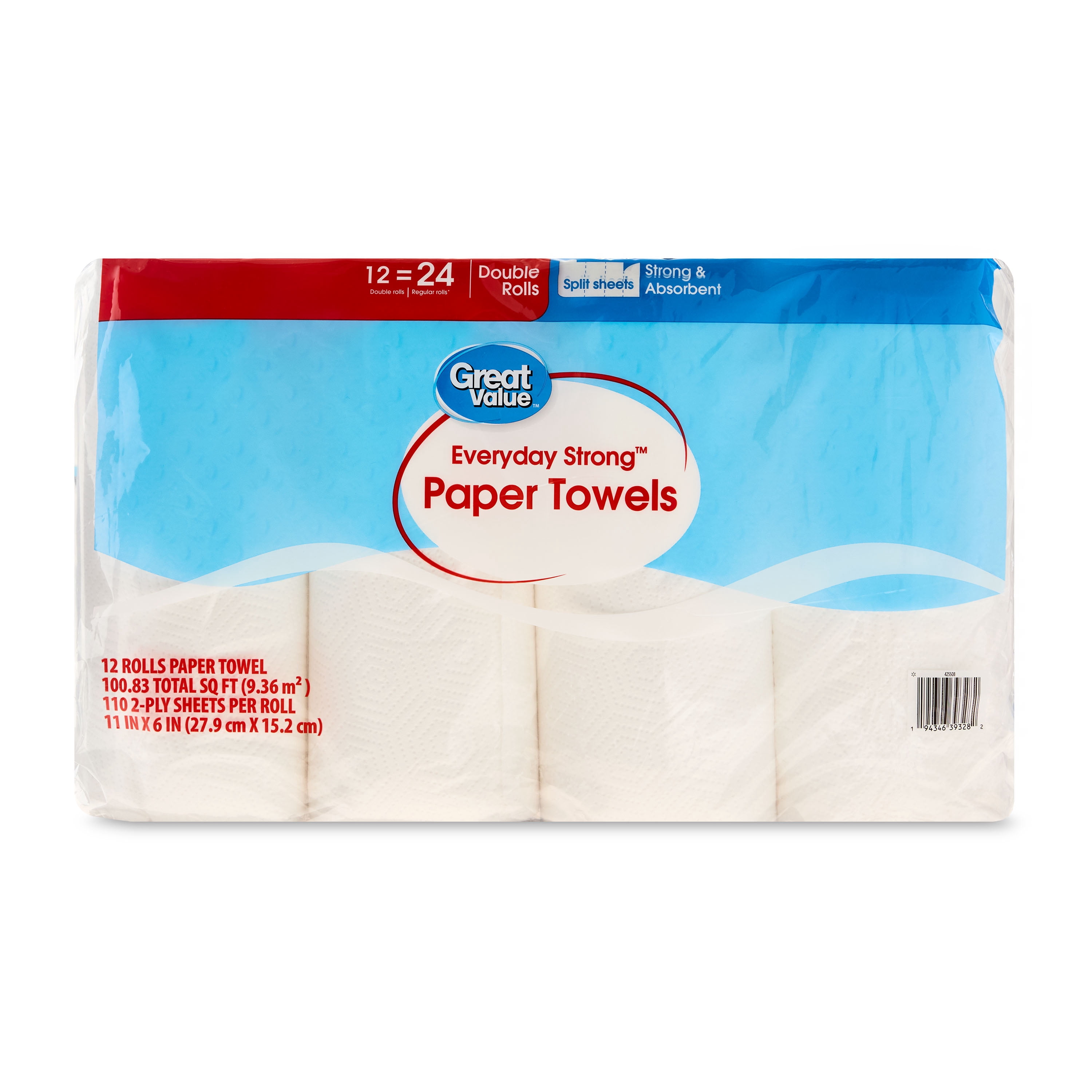 Great Value Everyday Strong Split Sheets Paper Towels, 12 Double Rolls