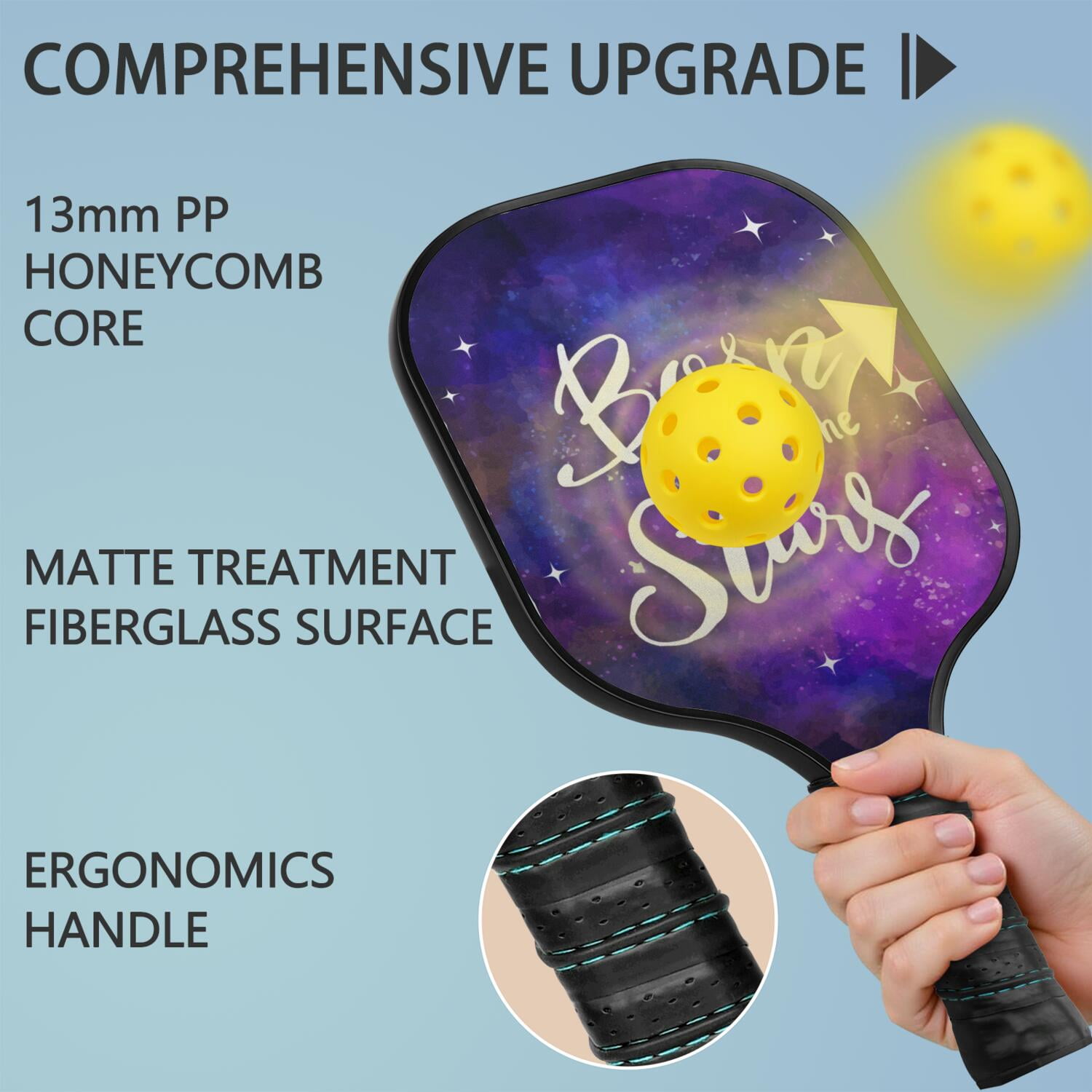 Pickleball Paddles Set Of 1, Fiberglass Surface, Galaxy, Universe, Starry Sky Print, 1 Paddle, 2 Balls & Bag