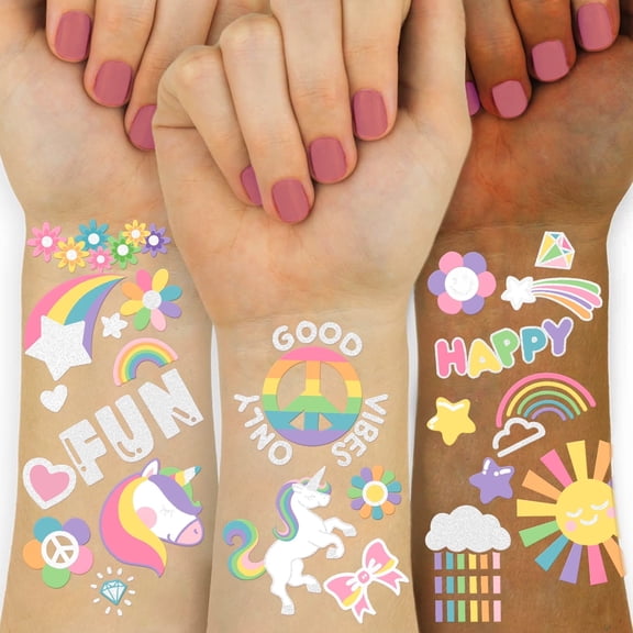 118 PCS Unicorn Temporary Tattoo, Glitter Style Pride Tattoo Rainbow Crown Fake Tattoo for Girls’ Party Supplies Kids' Birthday Supplies, Waterproof Tattoo Sticker