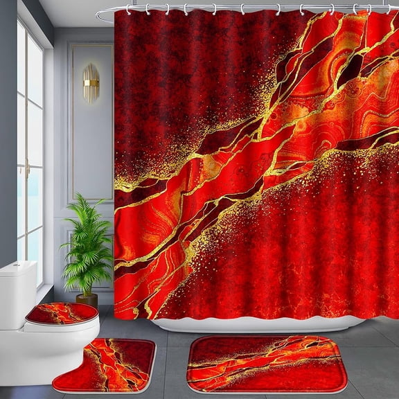 Poedist 4Pcs Shower Curtain Set, Bathroom Sets with Shower Curtain and Rugs, with Non-Slip Rugs,Toilet Lid Cover,Bath Mat and 12 Hooks,71 x 71 Inch,Red Gold Eencrust Marble