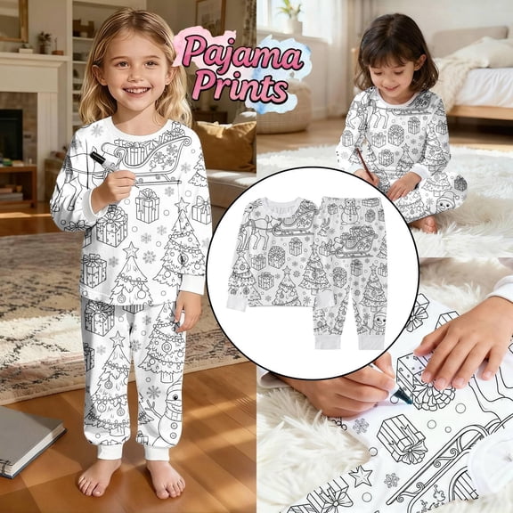 Kids' Unisex Silver Christmas Coloring Casual Set, DIY Line-Art Long Sleeve Top & Pant, Soft Stretch, Size 2-10 Years,Size 7-8 T