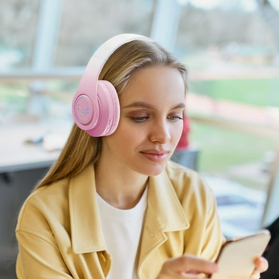 Bluetooth Headphones Wireless, Over Ear Stereo Bluetooth 5.3 Headset with HiFi Sound, Noise Reduction, Long Battery Life, and Folding Stand for Easy Storage Pink