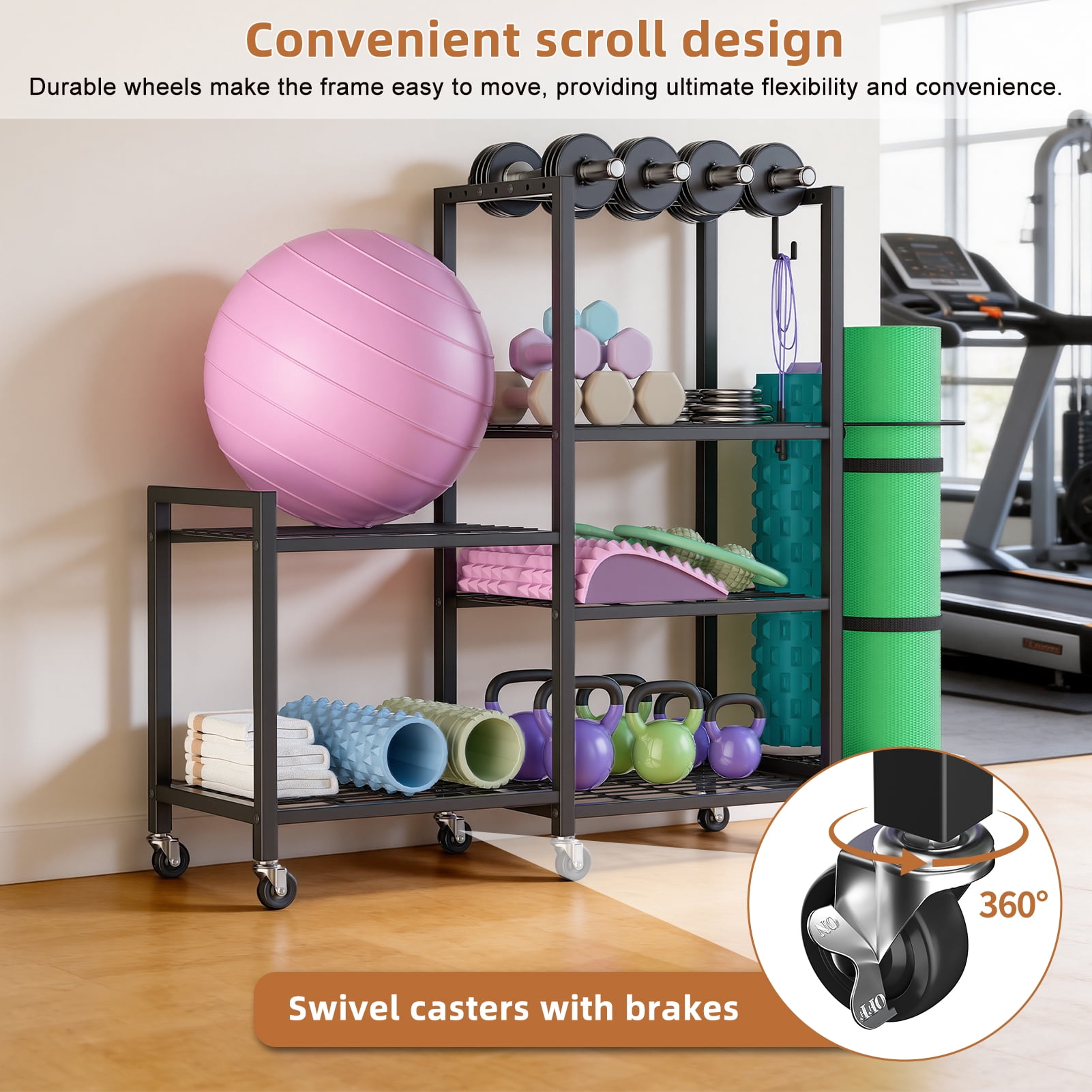 Home Gym Storage, Rack with Wheels, Adjustable Dumbbell Storage Yoga Mat Organizer, Multi-Purpose Fitness Equipment Stand