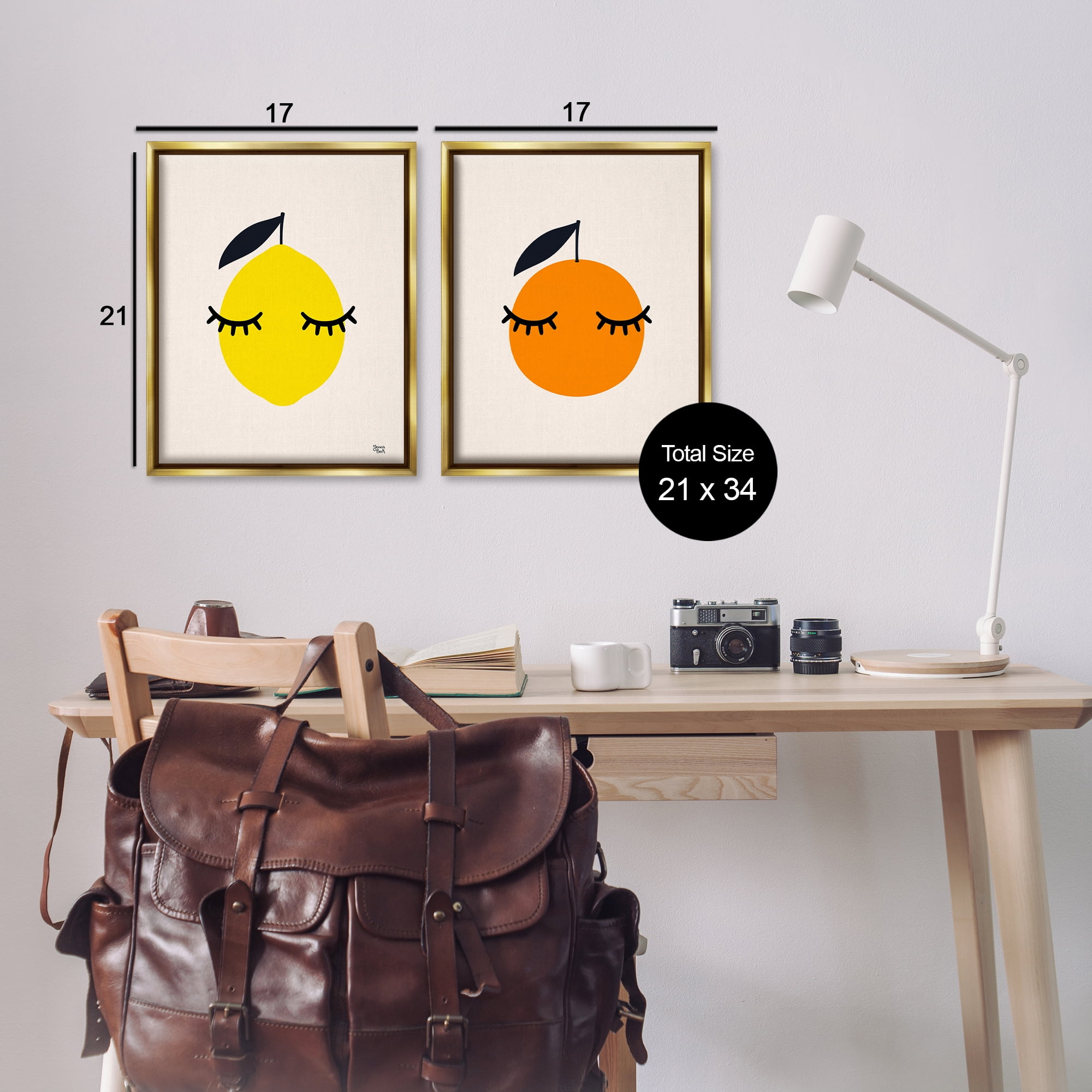 Stupell Industries Lemon & Orange with Eyelashes Food & Beverage Painting Gold Floater Framed Canvas Art Print Wall Art, 17 x 21, Set of 2