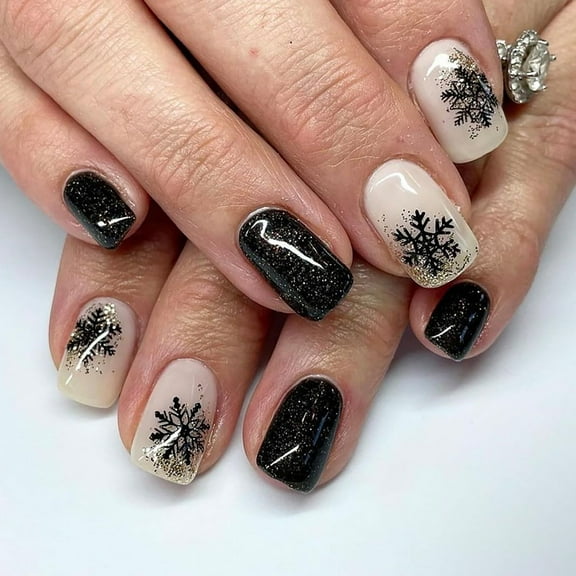 24Pcs Black Snowflake Press on Nails Christmas Short Square Fake Nails Full Cover Winter Snowflake Designs Xmas Acrylic Artificial on Nails Holiday Stick on Nails for Women Girls Glue on Nails