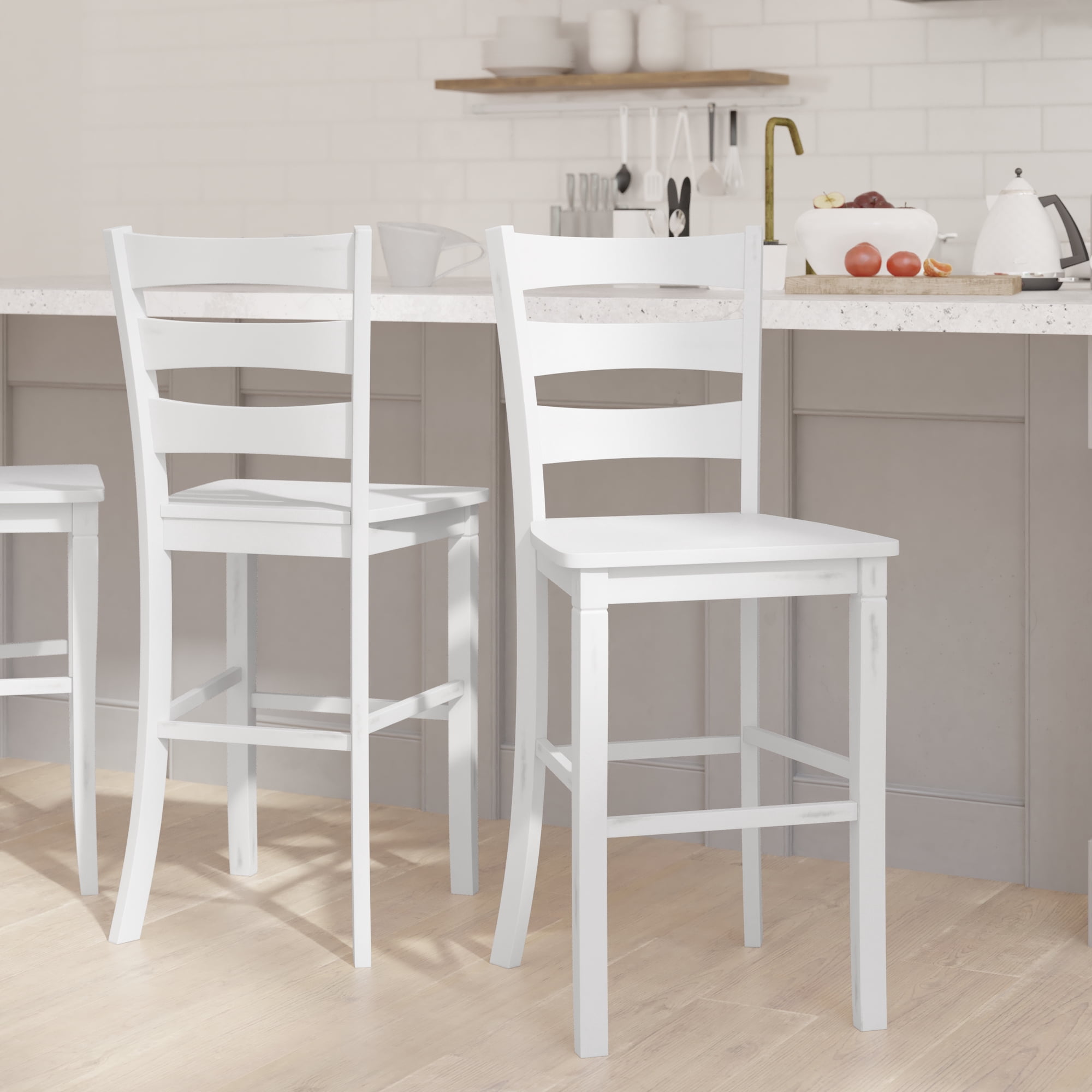 Emma + Oliver Set of 2 Classic Wood Bar Height Dining Stool in White Wash with Solid Wood Seat and Ladderback Design