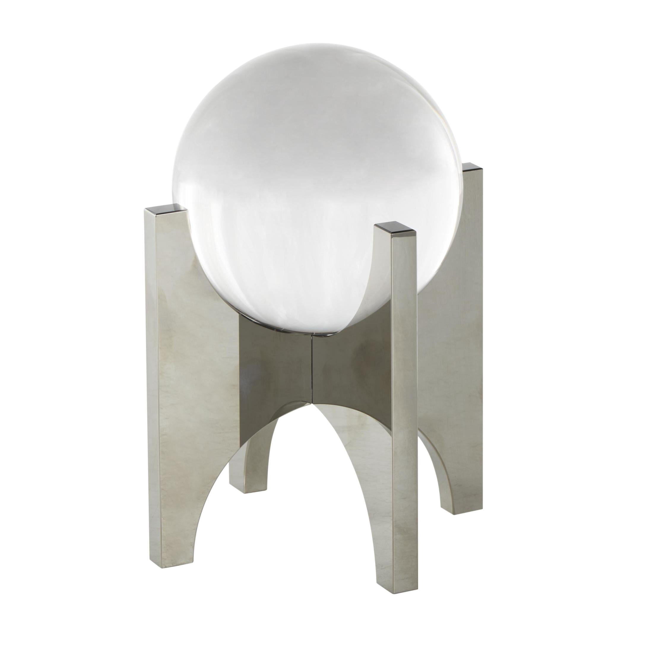 5" x 8" Silver Glass Orb Geometric Sculpture with Clear Orb and X-Shaped Holder, by DecMode