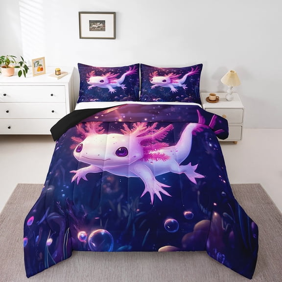 Cartoon Axolotl Down Comforter Cute Axolotl Twin Bedding Set,Ocean Coral Reef Salamander Animal Comforter Set Kawaii Salamander Pink Quilt Set