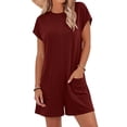 thumbnail image 4 of Women's Romper Short Sleeve Jumpsuit with Pockets Solid Wide Leg Shorts Playsuits Ladies Summer Loose Lightweight Plain Daily Wear for Swim Beach Party Jumpsuits Wine XL, 4 of 7