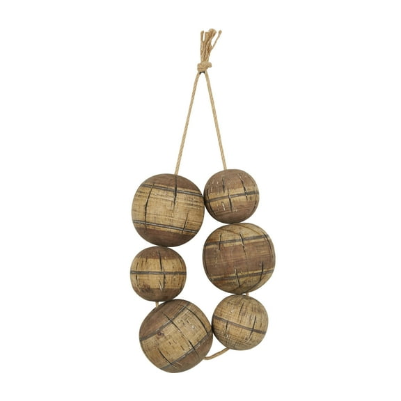 DecMode Brown Wood Handmade Distressed Striped 6 Strung Buoy Wall Decor with Hanging Rope