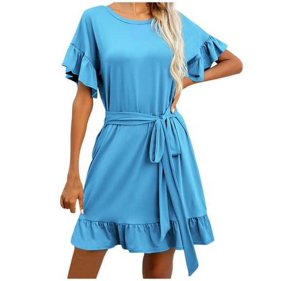 Giftesty Womens Knee-High Dresses Plus Size Clearance, Womens Casual Short Sleeve Summer Waist Tie Double Layer Ruffle Round-Neck Bandage Tunic Solid Dress