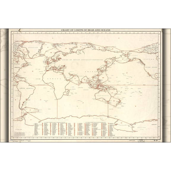 24"x36" Gallery Poster, map Chart of ocean limits 1953 pacific atlantic indian