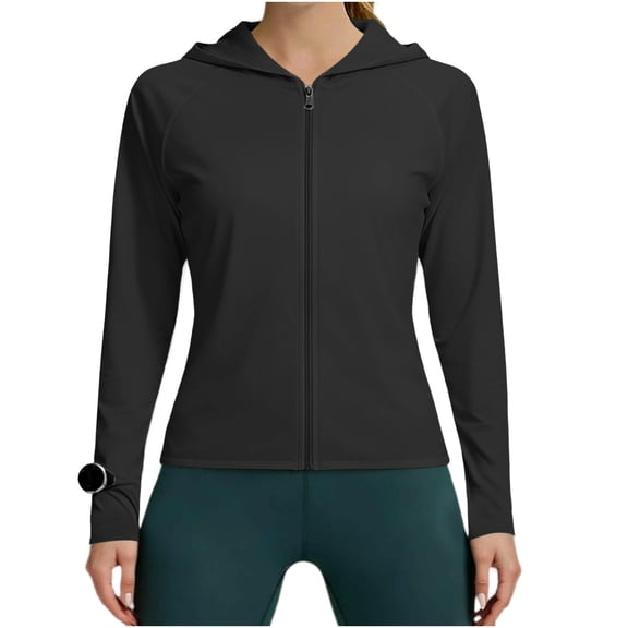 Sevevn Women's UPF 50 Sun Protection Full Zip Hoodie Jacket Long Sleeve Lightweight Workout Tops Breathable UV Rash Guard Black L