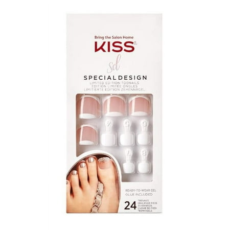 KISS Special Design Limited Edition Toenails Ready-to-Wear Gel - 'Carpool Lane' French Tips Style for Toes with Prep Pad, Mini File, Cuticle Stick, & 24 Fake Toe Nails