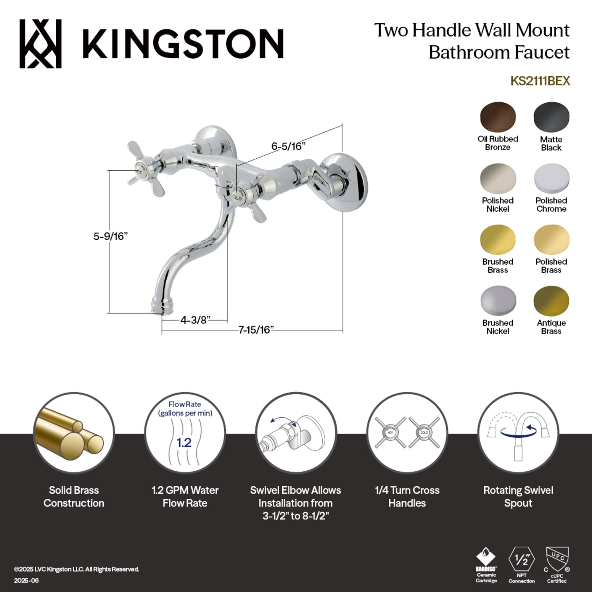 Kingston Brass KS2118BEX Essex Double-Handle 2-Hole Wall Mount Bathroom Faucet in Brushed Nickel