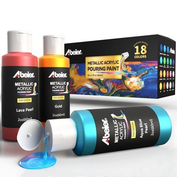 ABEIER Ensemble de Peinture Acrylique Métallique - Ensemble de 18 Couleurs Métalliques - Pré-Mélangé Flux Élevé & Prêt à Verser - 2 oz./ 59