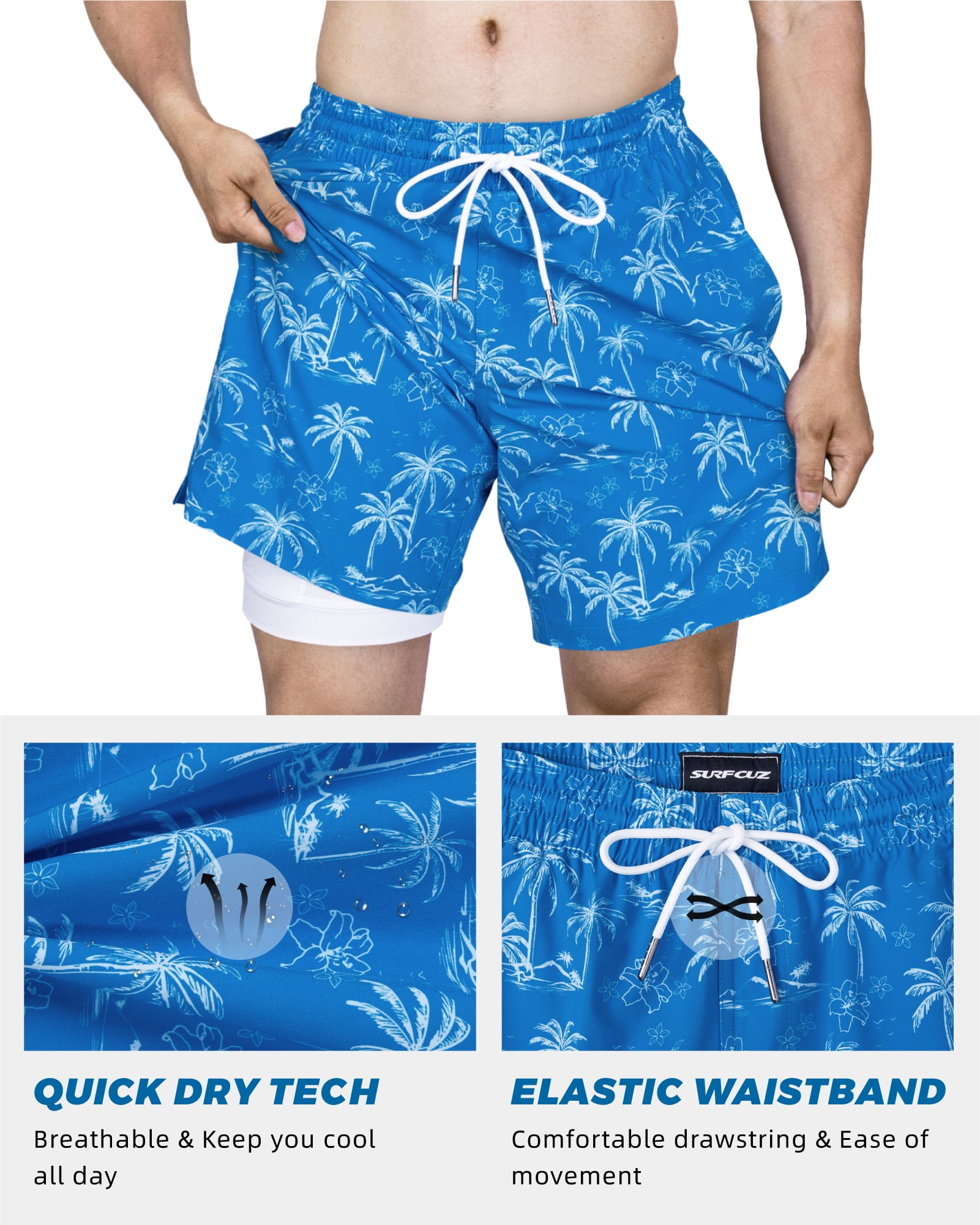 SURF CUZ Mens Swim Trunks with Compression Liner Quick Dry Swim Shorts 7" Swimming Trunks Stretch Bathing Suit Boardshorts Zipper Pockets Blue Palm Island Small