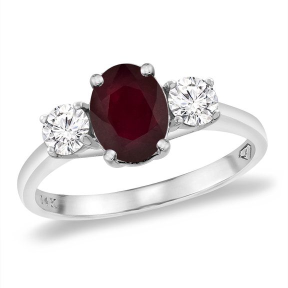 14K White Gold Natural Ruby & 2pc. Diamond Engagement Ring Oval 8x6 mm, size 7.5