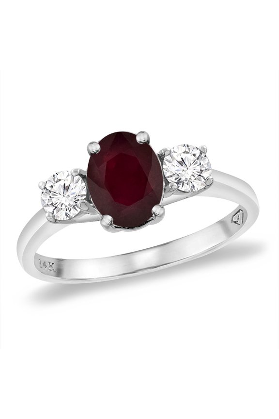 14K White Gold Natural Ruby & 2pc. Diamond Engagement Ring Oval 8x6 mm, size 6