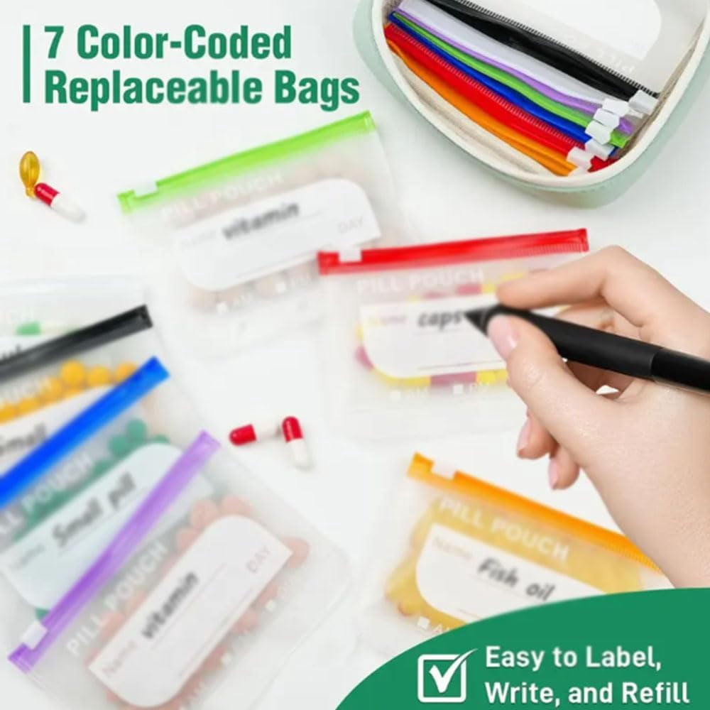 A8 Waterproof Pill Pouch Set, Weekly Pill Organizer with 14 Color Coded Medicine Pouches, Large Reusable Travel Medicine Case, Crush Resistant Waterproof Zipper Storage for Vitamins Fish