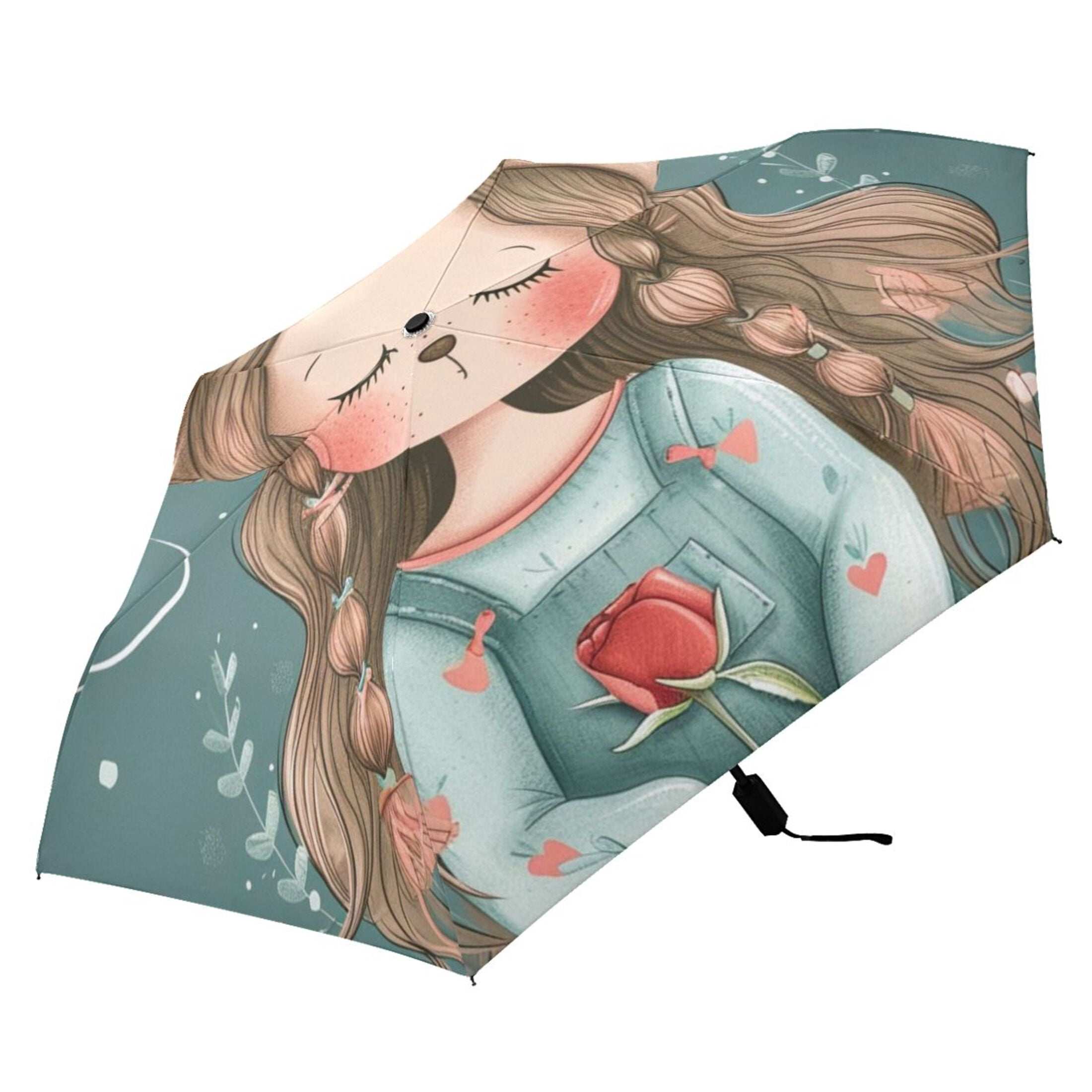 Girl Rose Flowers Compact Sun Umbrella Windproof Travel Umbrellas for Rain Strong Portable UV Protection