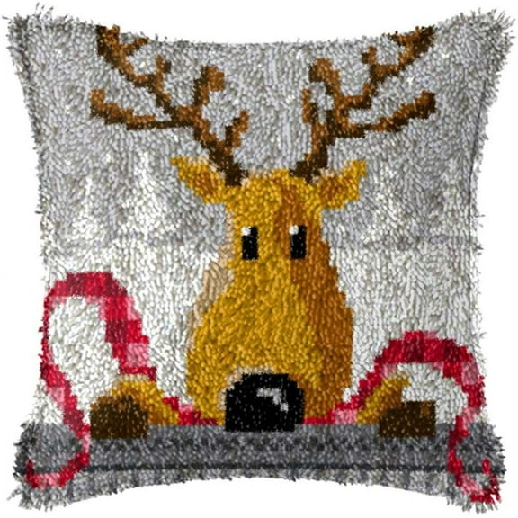 Latch Hook Kits DIY Throw Pillow Cover Reindeers Canvas Needlework Handicrafts for Kids & Adults Family Activity Sofa Decor 17'' x 17''