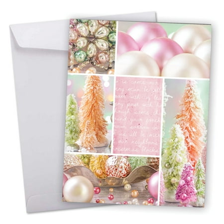 J6714AXSG Jumbo Merry Christmas Card: 'Pastel Noel' Featuring Dazzling Pink Decorations Laid Out for Christmas Holidays Greeting Card with Envelope by The Best Card