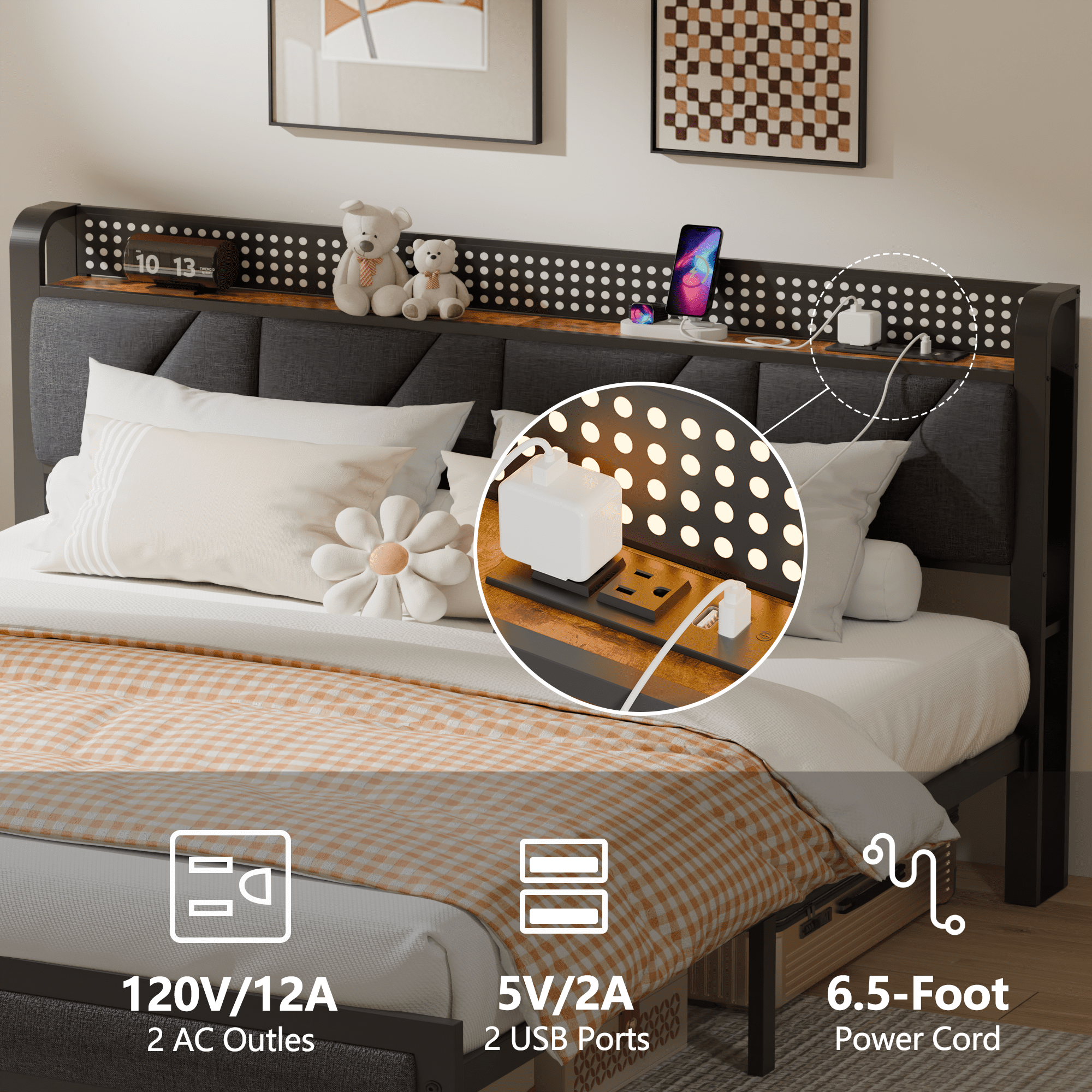 BYT Full Bed Frame with Upholstered Storage Headboard, Metal Platform Bed Station with Charging Station & LED, Noise-Free, No Box Spring Needed