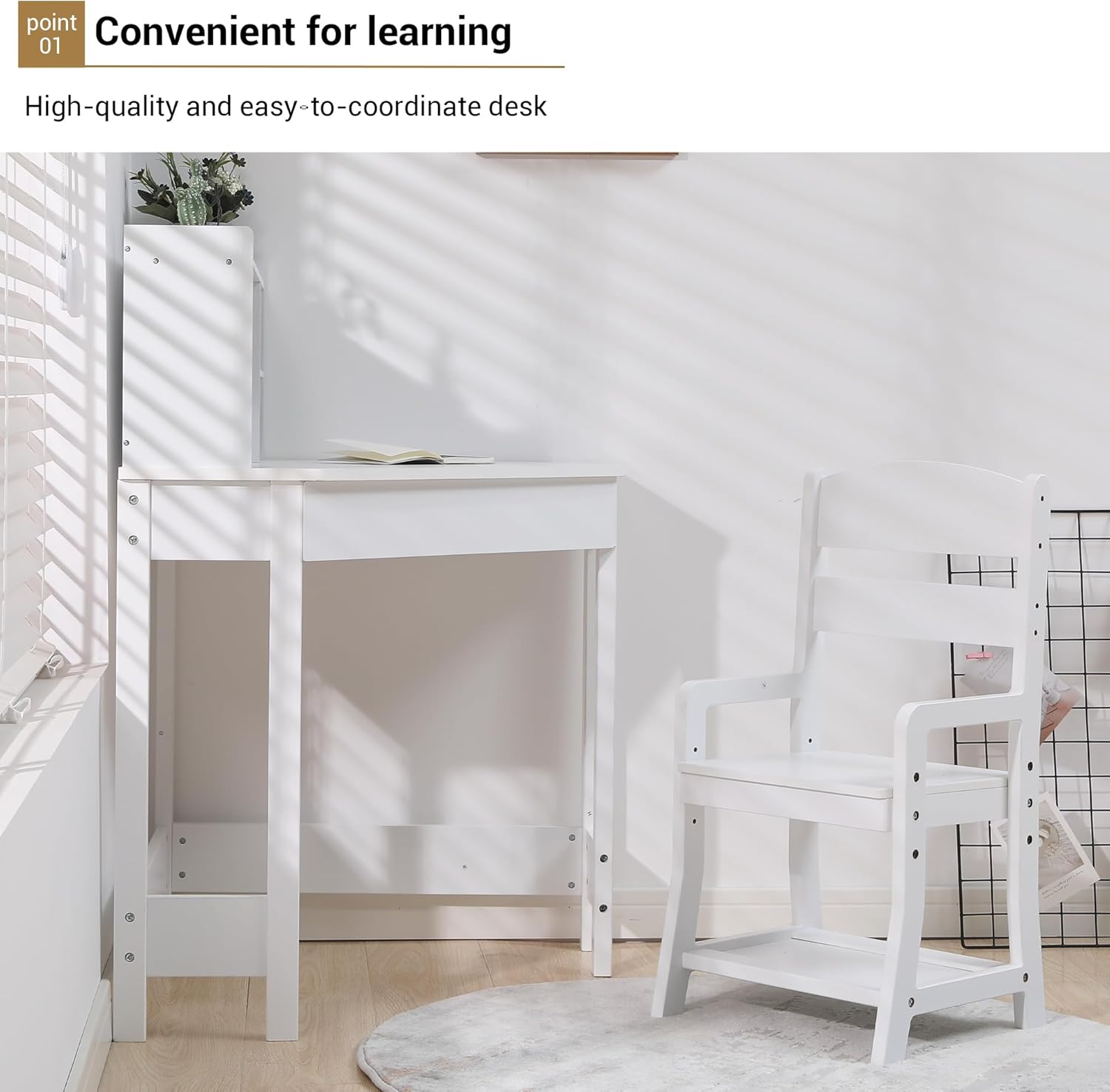 EastVita Kids Study Desk and Chair Set, White Corner Table with Adjustable Chair, Hutch, Cork Bulletic Board, Pen Holders