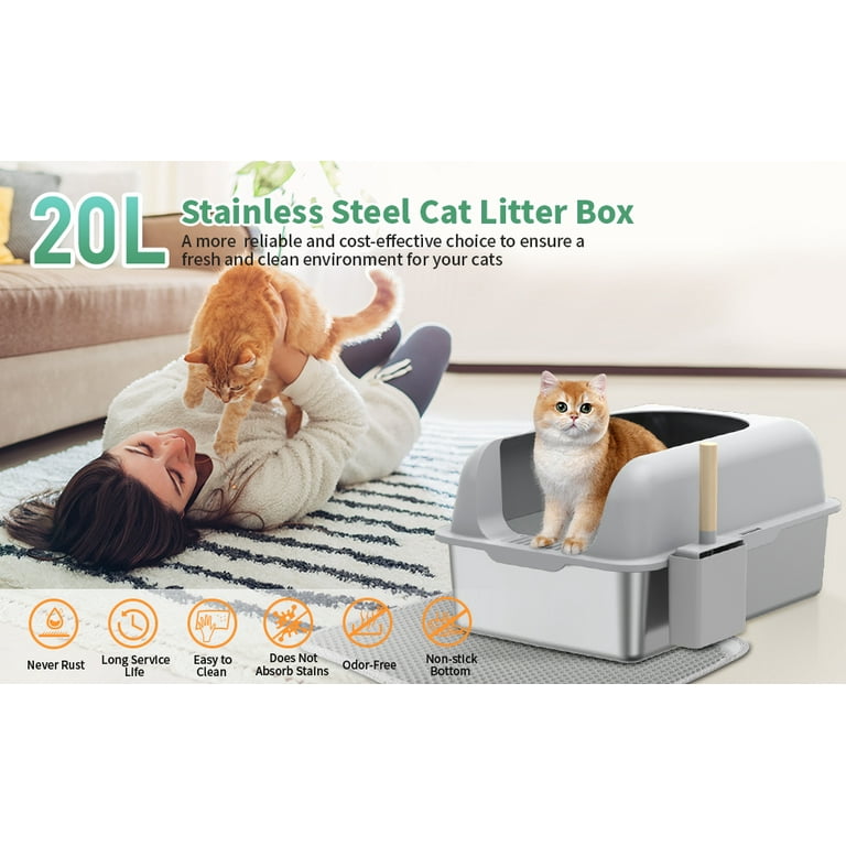Anyask Stainless Steel Cat Litter Boxes with Lid High Wall Sides Enclosure for Small Mulit Big Cat