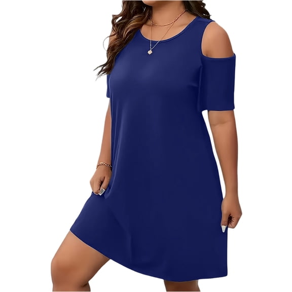 LWavelet Women's Plus Size Cold Shoulder Dress Short Sleeve Round Neck Casual Loose T-Shirt Dress with Pockets Royal Blue 3XL