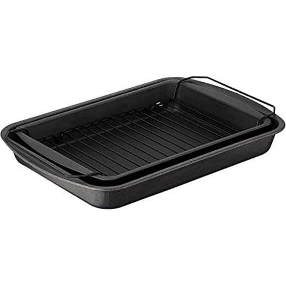 G&S Metal Products ProBake Teflon Platinum 12.8-by-8.9-By-2-Inch Bake, Broil, and Roast Pan Set with Chrome Rack, Charcoal (PB7992)