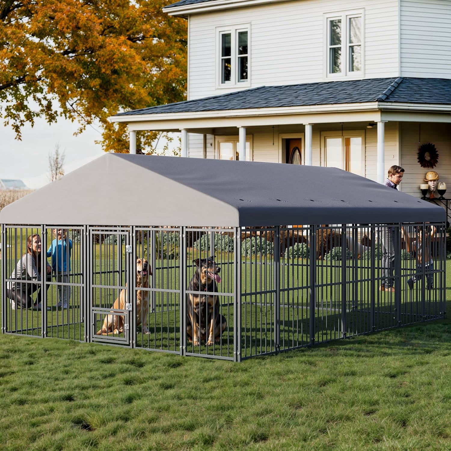 SnugVista 10x14FT Outdoor Dog Kennel, Heavy Duty Dog Run Enclosure with Feeding Door, Large Outside Dog Kennel with Roof & Double Locks for Pets House